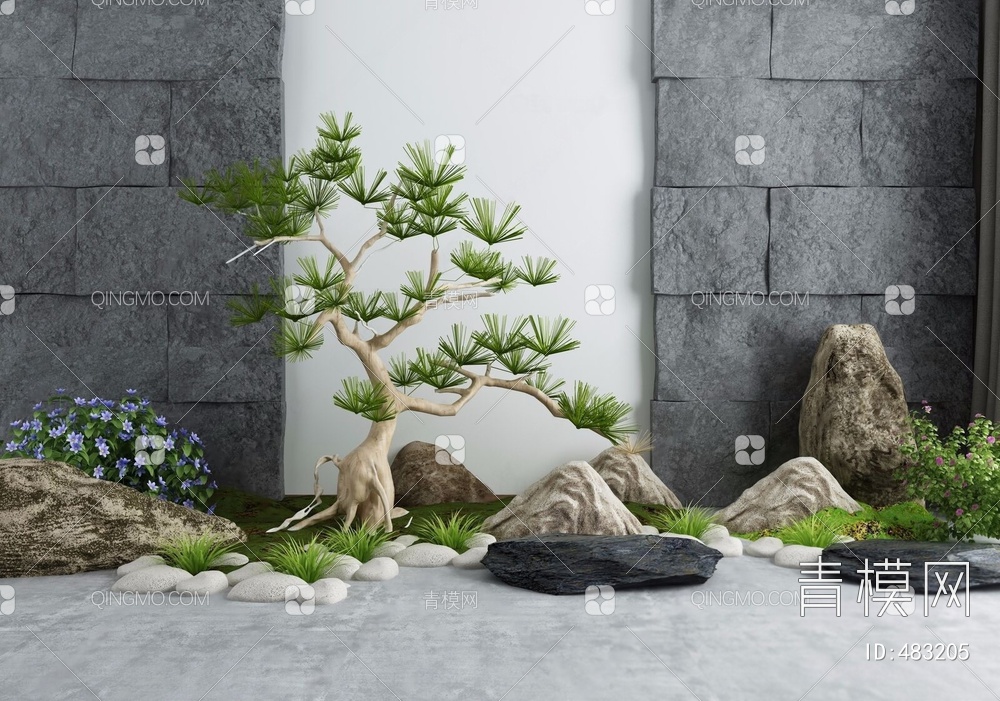 假山枯山水松树景观组合3D模型下载【ID:483205】