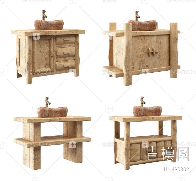 古朴木头洗手台柜3D模型下载【ID:490802】