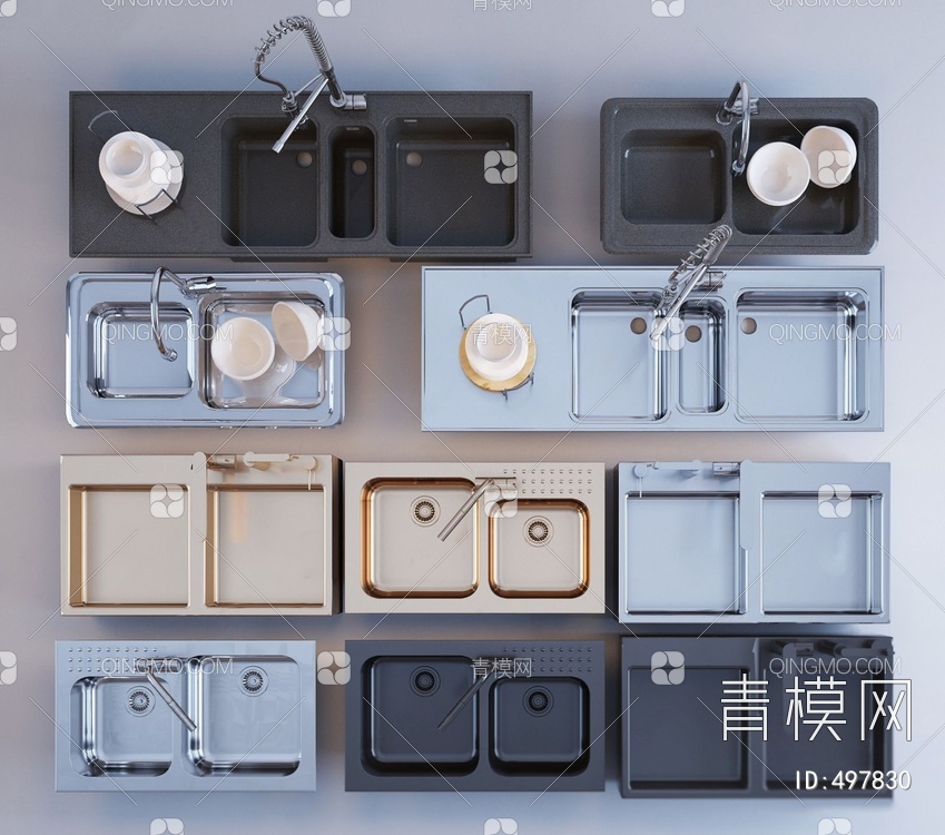 厨房不锈钢水槽洗碗池组合3D模型下载【ID:497830】