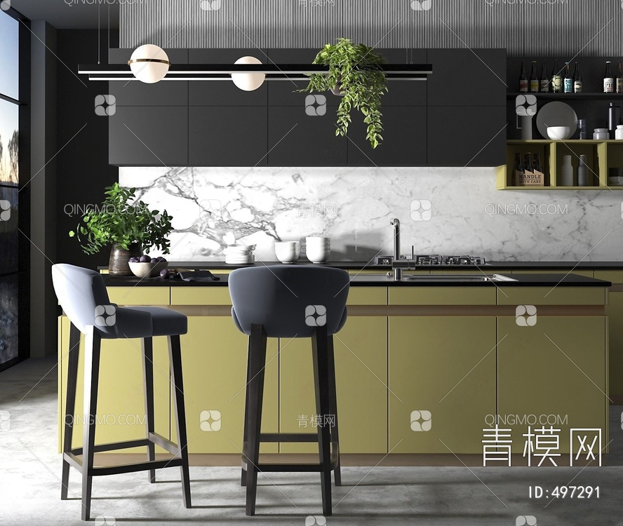 吧台中岛厨柜组合3D模型下载【ID:497291】