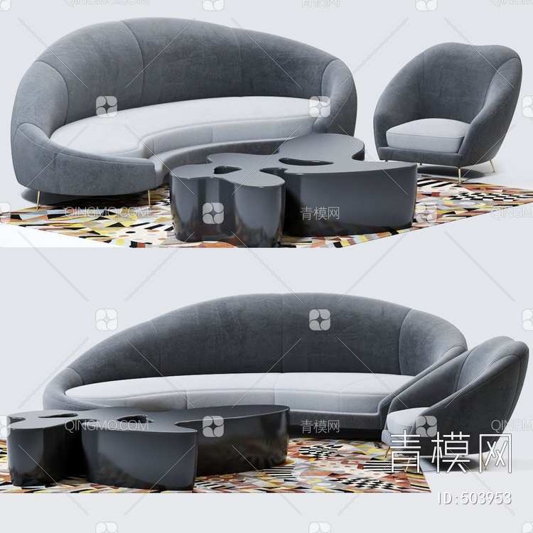 弧形沙发单人沙发茶几组合3D模型下载【ID:503953】