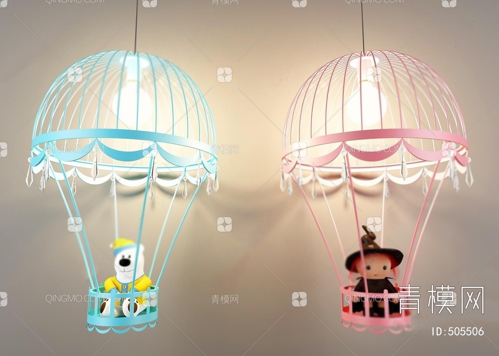 热气球金属儿童房卡通玩具熊吊灯3D模型下载【ID:505506】