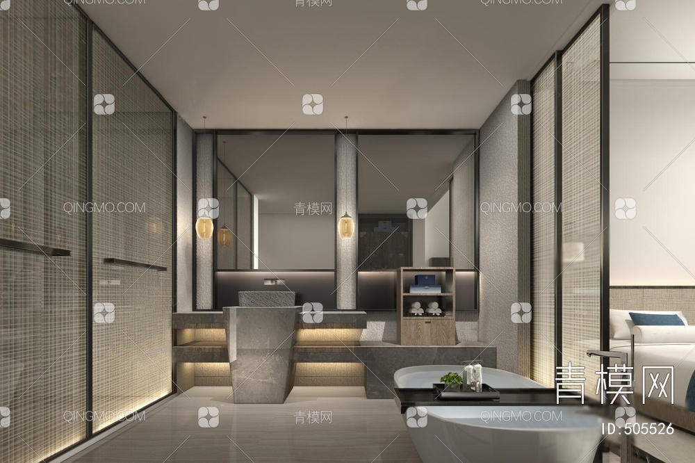  酒店 卫生间 洗手台 镜子 吊灯 浴缸客房 玻璃隔断 3D模型下载【ID:505526】