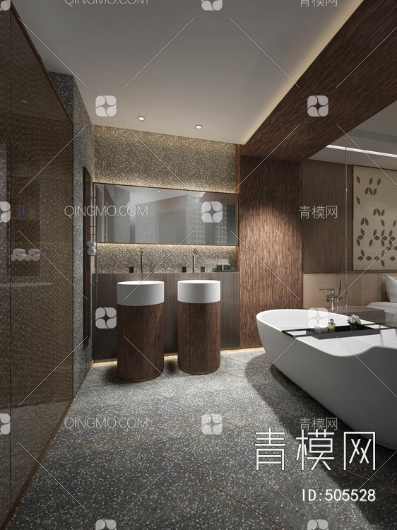 酒店公共卫生间 浴缸 洗手台 金属镜子 淋浴房 3D模型下载【ID:505528】