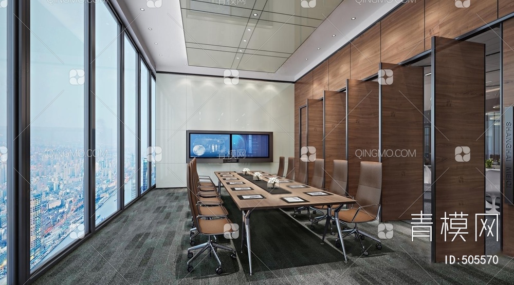 会议室 会议室桌椅 电子屏 木质隔断3D模型下载【ID:505570】