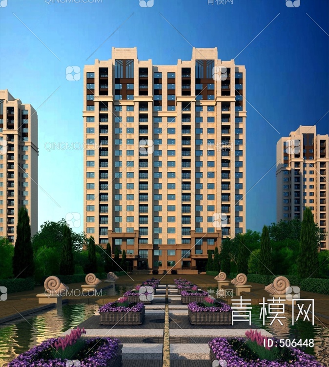 室外式建筑小区高层多层住宅3D模型下载【ID:506448】