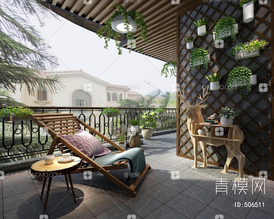 家居阳台 植物墙 护栏 休闲椅3D模型下载【ID:506511】