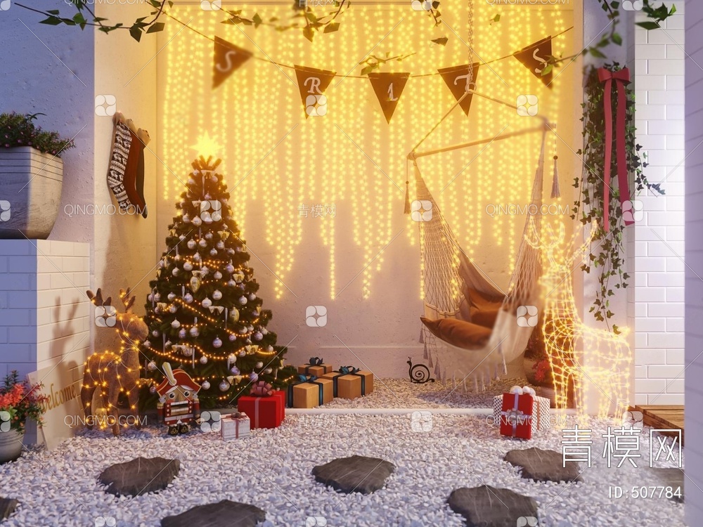 圣诞场景 女孩 圣诞树 吊椅3D模型下载【ID:507784】
