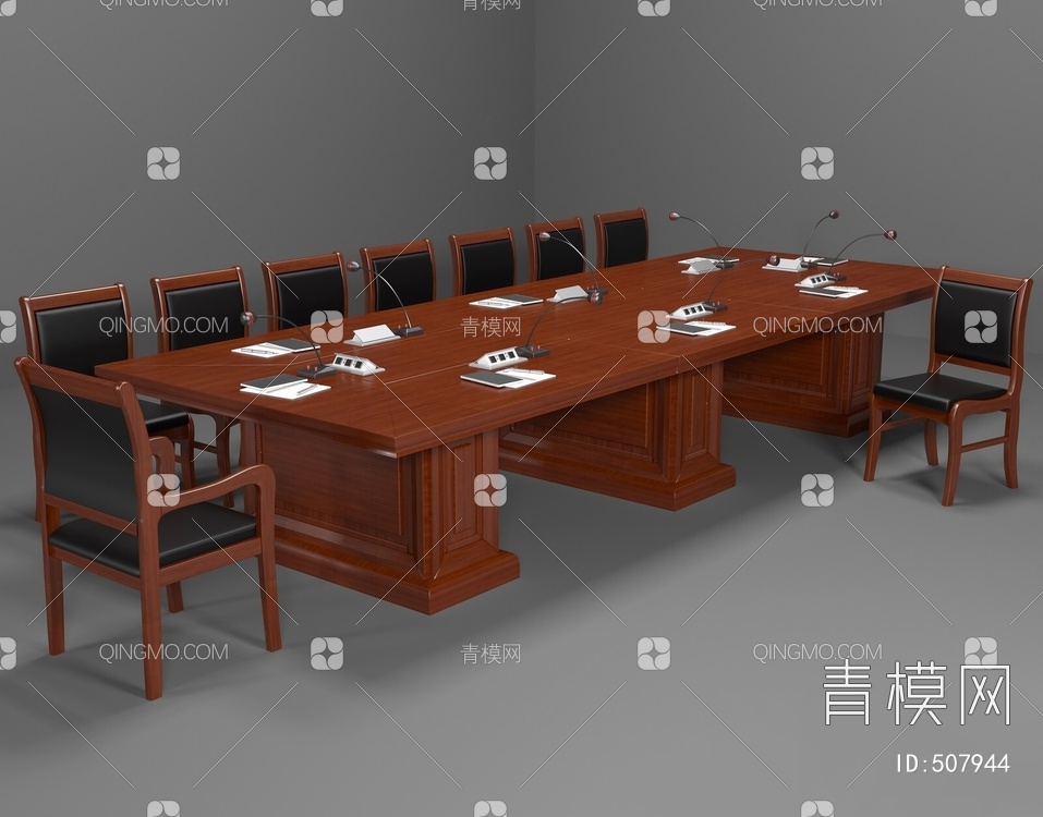 实木会议桌椅 扶手椅 办公椅3D模型下载【ID:507944】