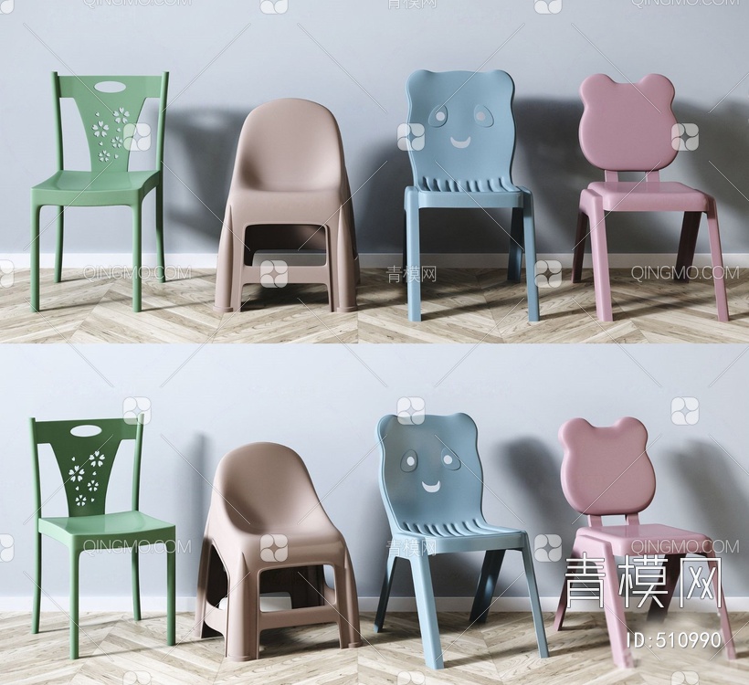 儿童塑料矮凳椅子组合3D模型下载【ID:510990】