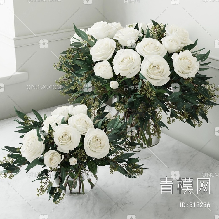 玻璃花瓶玫瑰花卉组合3D模型下载【ID:512236】