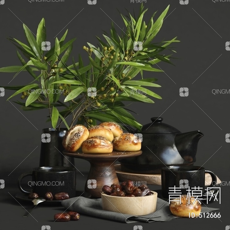 面包红枣茶水食品3D模型下载【ID:512666】