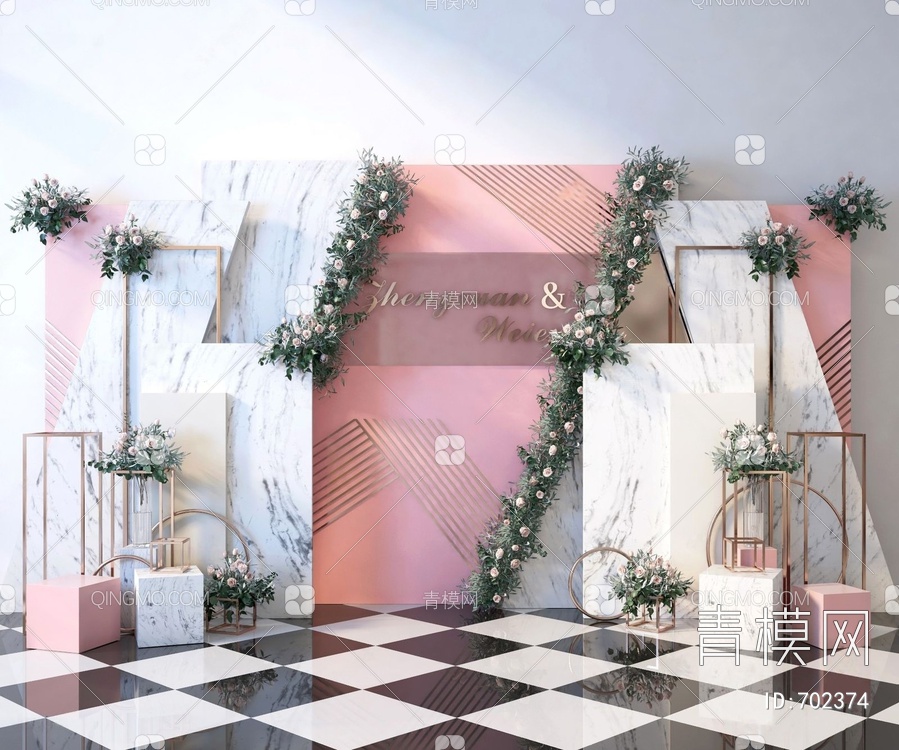 橱窗美陈婚庆婚礼合影区背景墙植物墙展示3D模型下载【ID:702374】