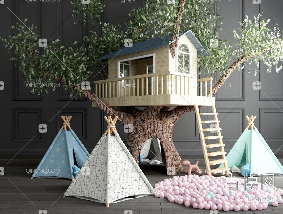 儿童玩具木房子树摆件组合3D模型下载【ID:705520】