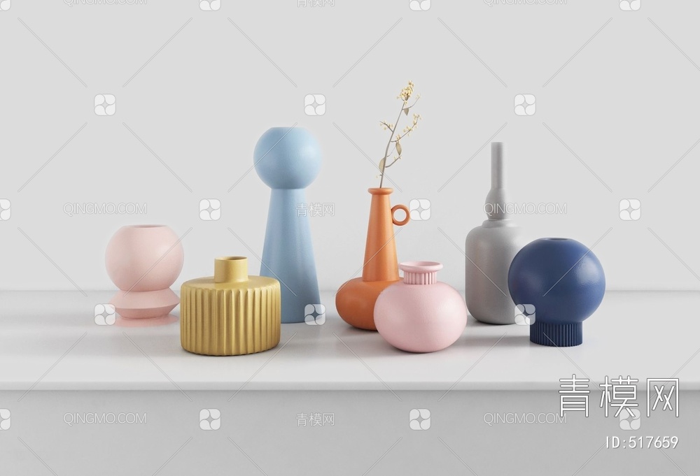莫兰迪色花瓶组合3D模型下载【ID:517659】
