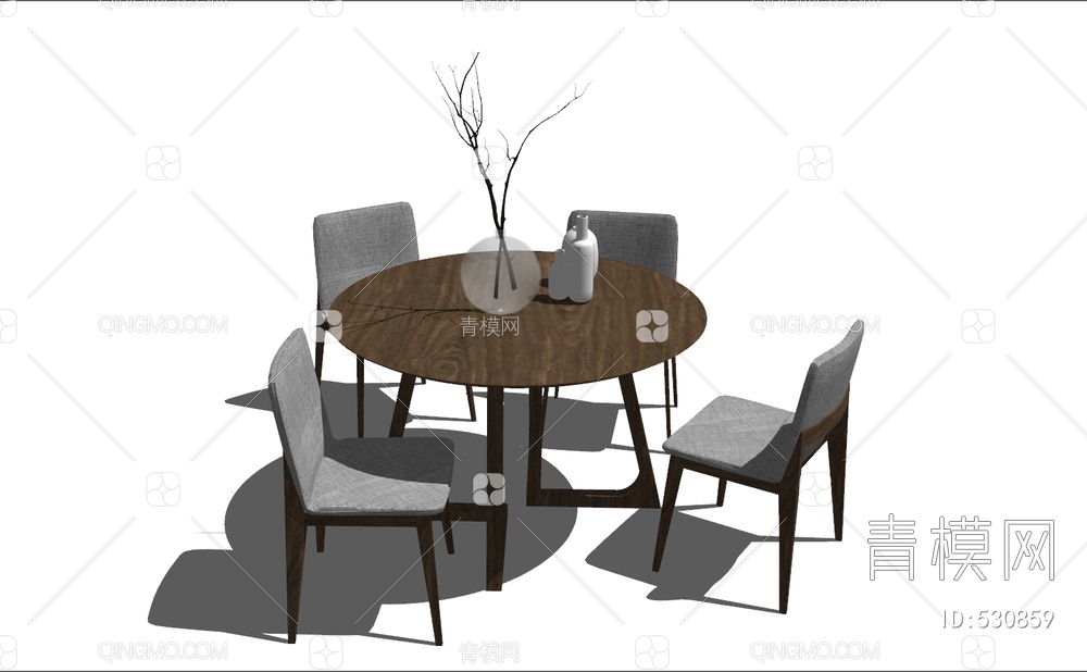 实木圆形餐桌椅摆件组合SU模型下载【ID:530859】