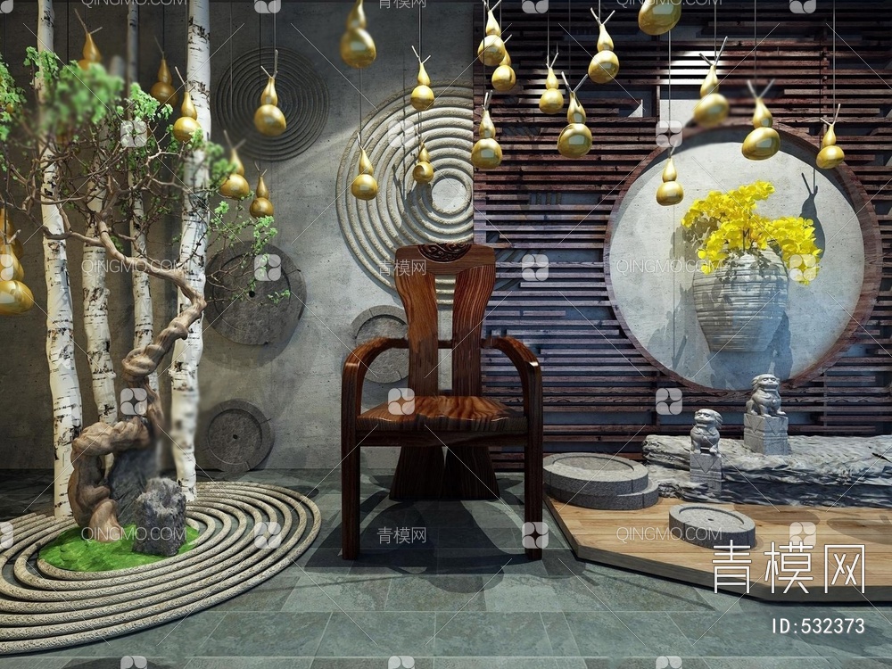 阳台花园石狮葫芦白桦树墙体挂件组合3D模型下载【ID:532373】