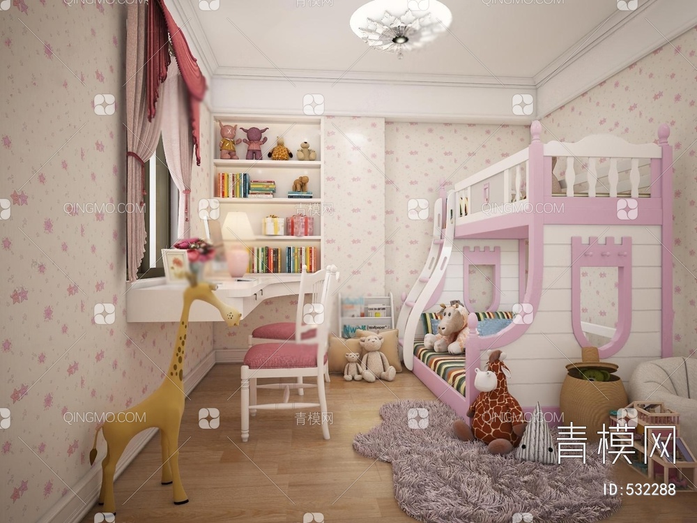 女儿房上下床卧室空间3D模型下载【ID:532288】