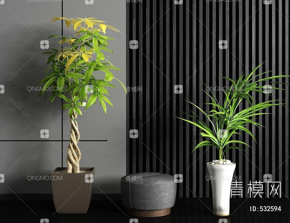 发财树盆栽矮凳组合3D模型下载【ID:532594】