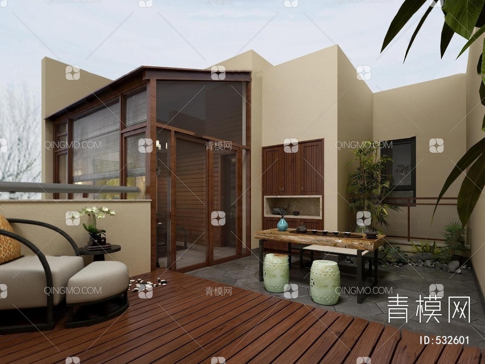 别墅楼顶花园茶台凳子盆栽组合3D模型下载【ID:532601】