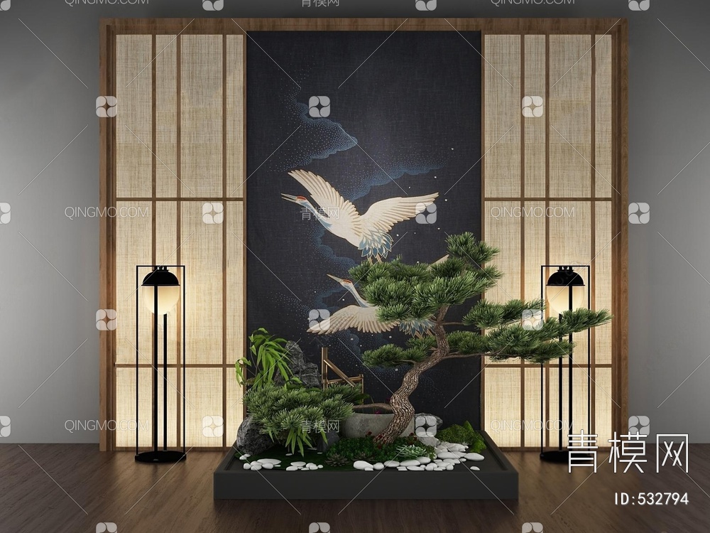 松树石头景观小品3D模型下载【ID:532794】