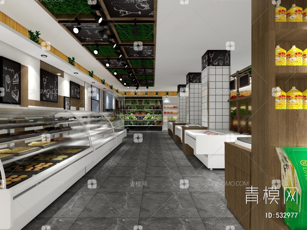 超市蔬菜水果架子货架黑板冰柜收银台3D模型下载【ID:532977】