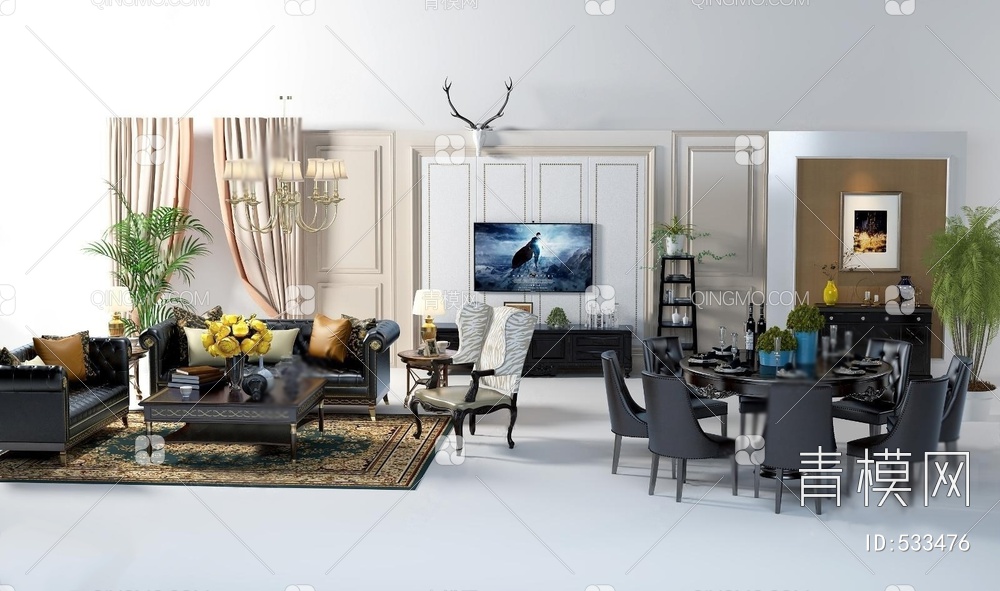沙发茶几餐桌椅电视背景墙组合3D模型下载【ID:533476】
