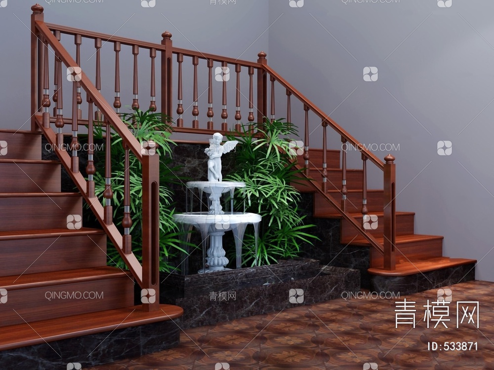 实木双向楼梯喷泉组合3D模型下载【ID:533871】