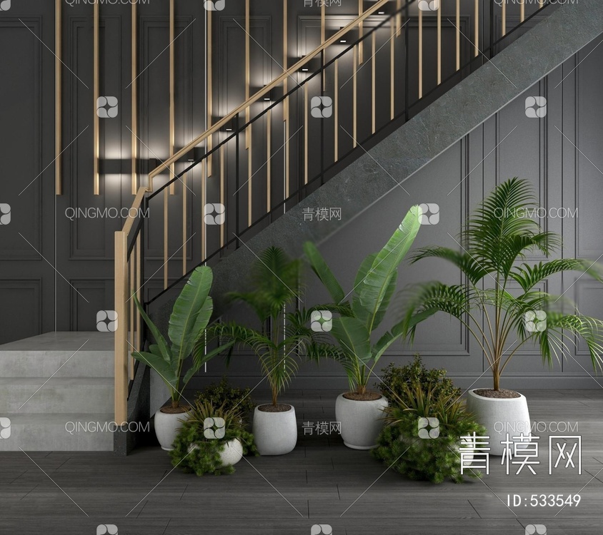 楼梯绿植盆栽3D模型下载【ID:533549】