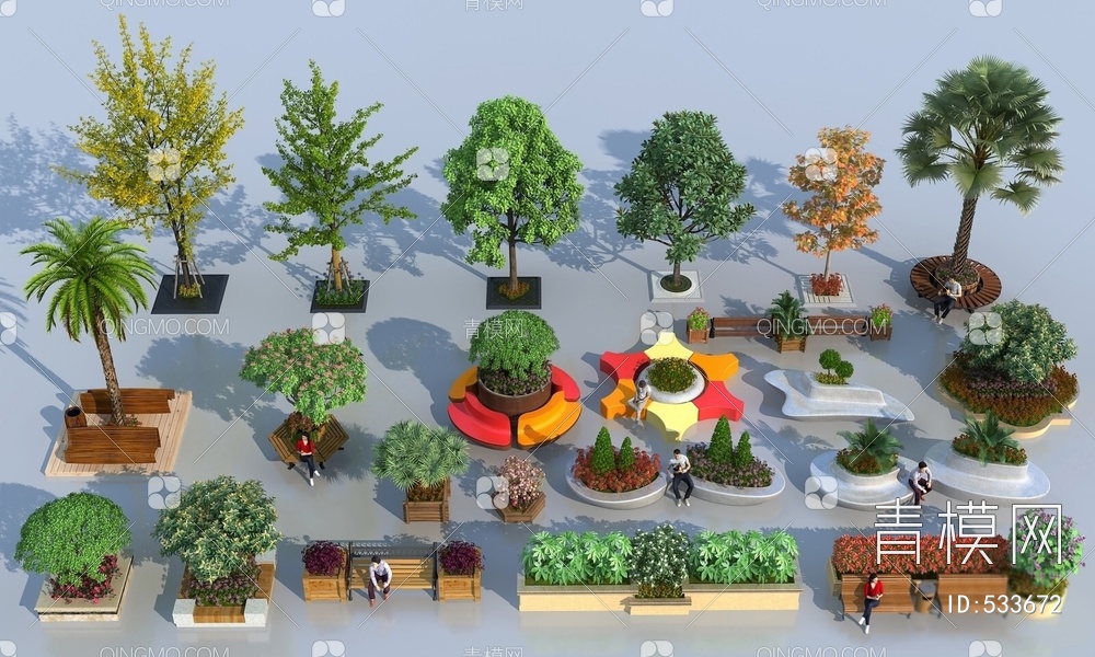 花池坐凳植物景观小品组合3D模型下载【ID:533672】
