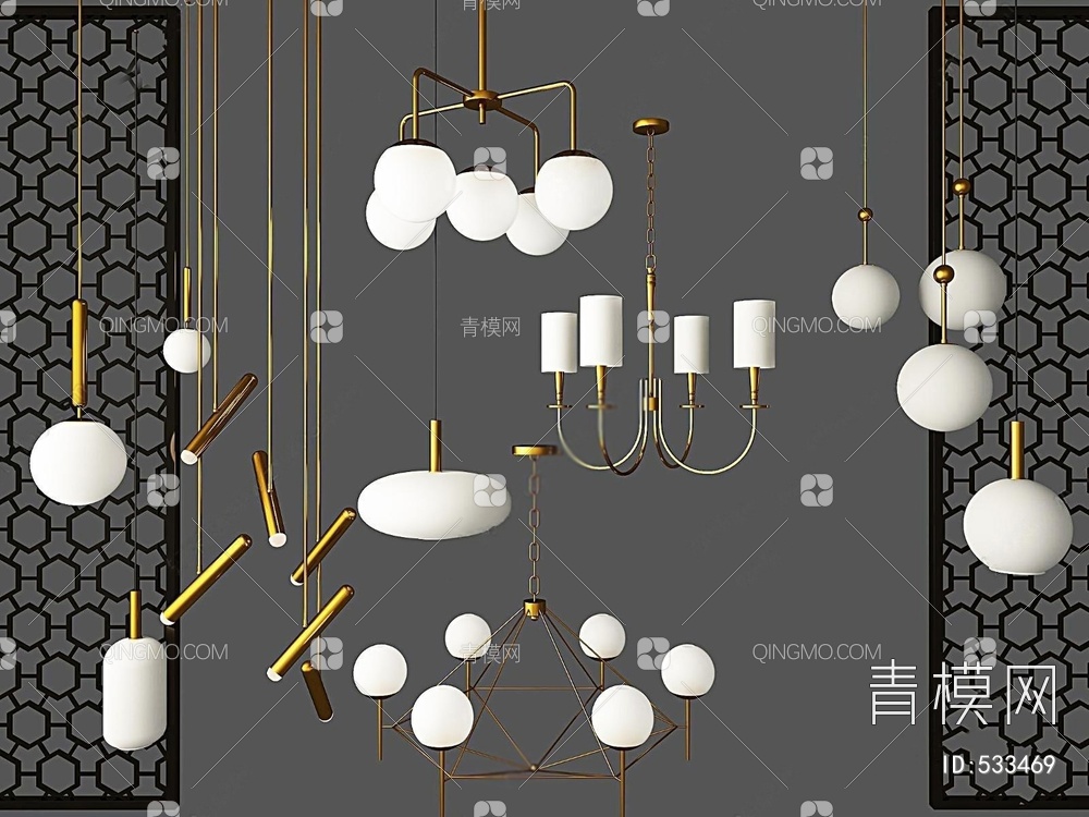 金属多头吊灯组合3D模型下载【ID:533469】