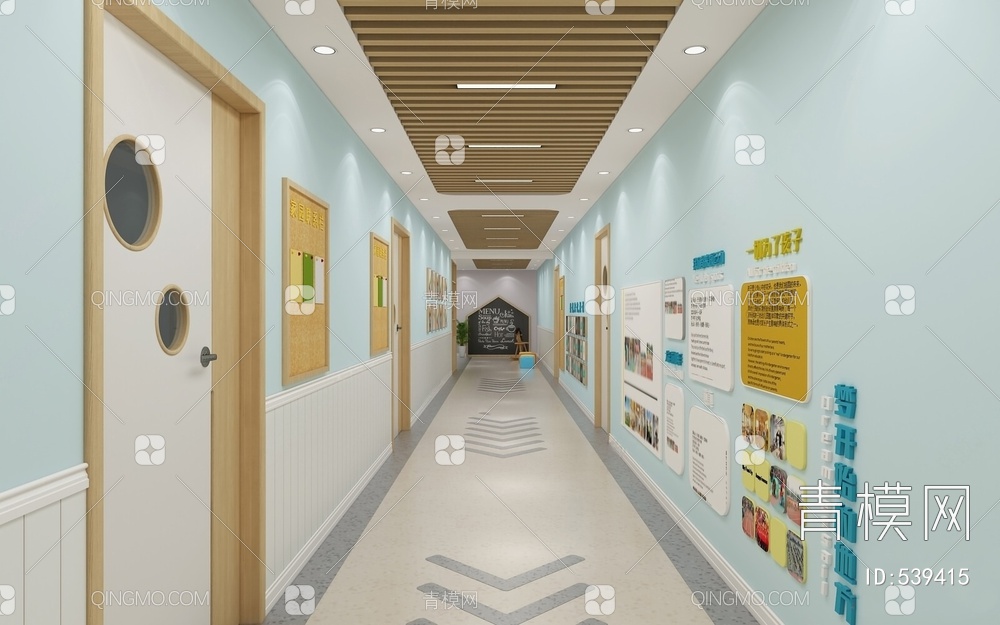 幼儿园走廊 吊顶 黑板墙 木门 照片墙3D模型下载【ID:539415】