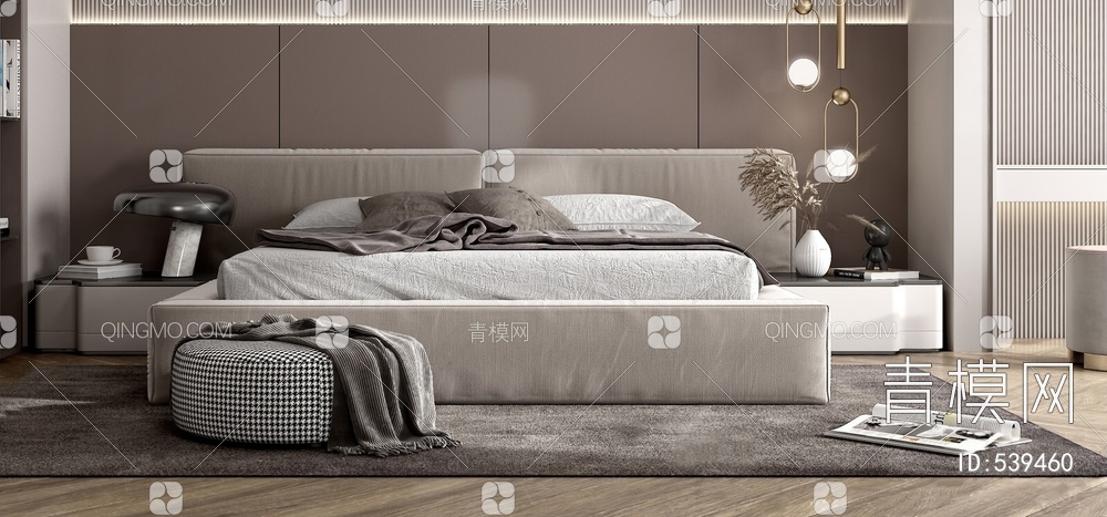 双人床 床具组合 床头柜 床头吊灯3D模型下载【ID:539460】