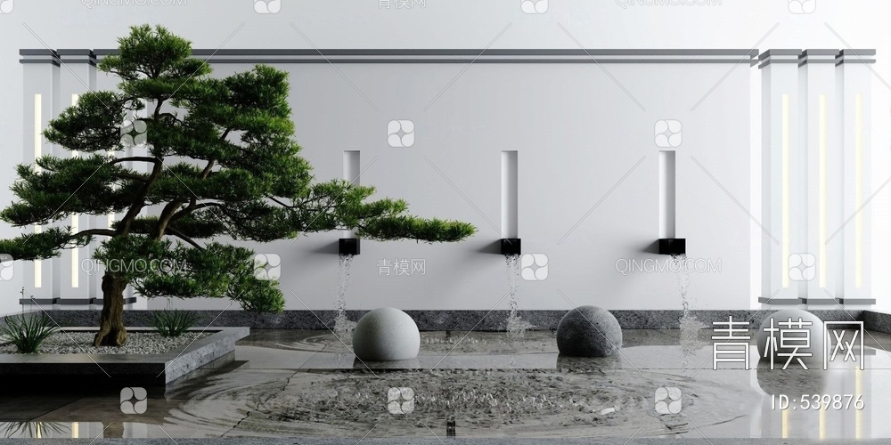 经典庭院景观流水景观松树国外3D模型下载【ID:539876】