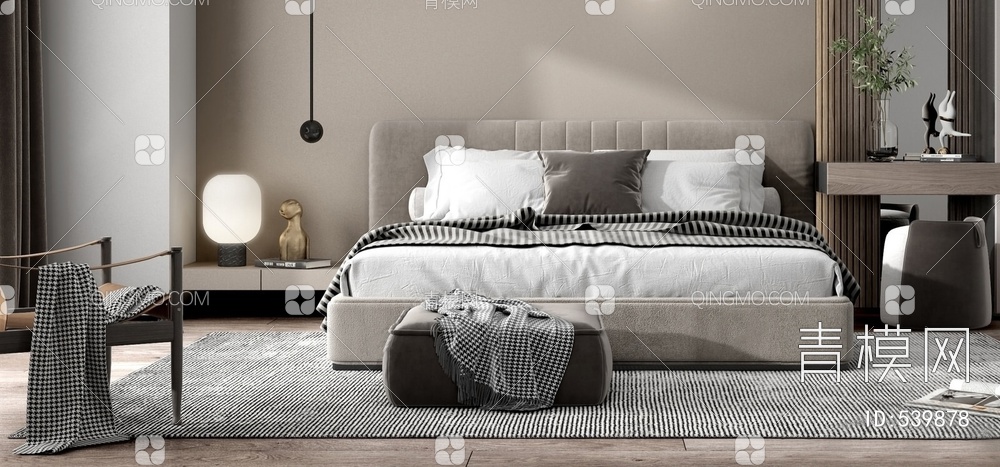 床具组合 双人床 床头柜 床头吊灯3D模型下载【ID:539878】