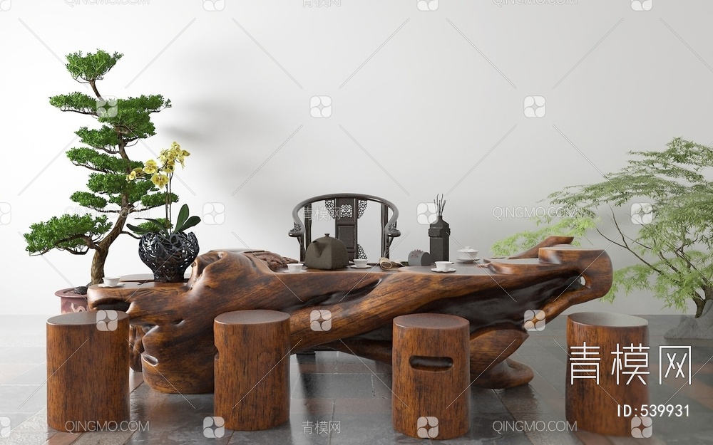 茶桌椅组合 根雕3D模型下载【ID:539931】
