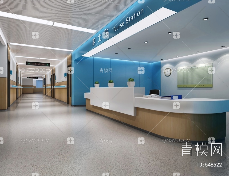 医院护士站 走廊 病房 服务台 医院前台3D模型下载【ID:548522】