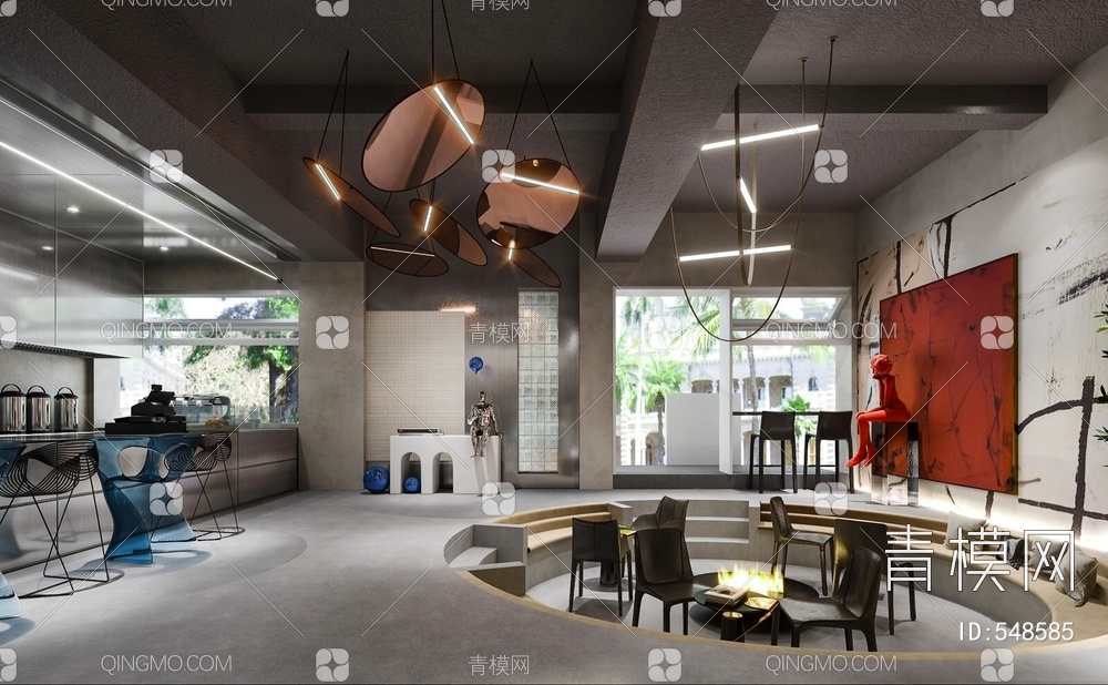 咖啡厅 卡座 艺术吊灯 背景墙 雕塑3D模型下载【ID:548585】