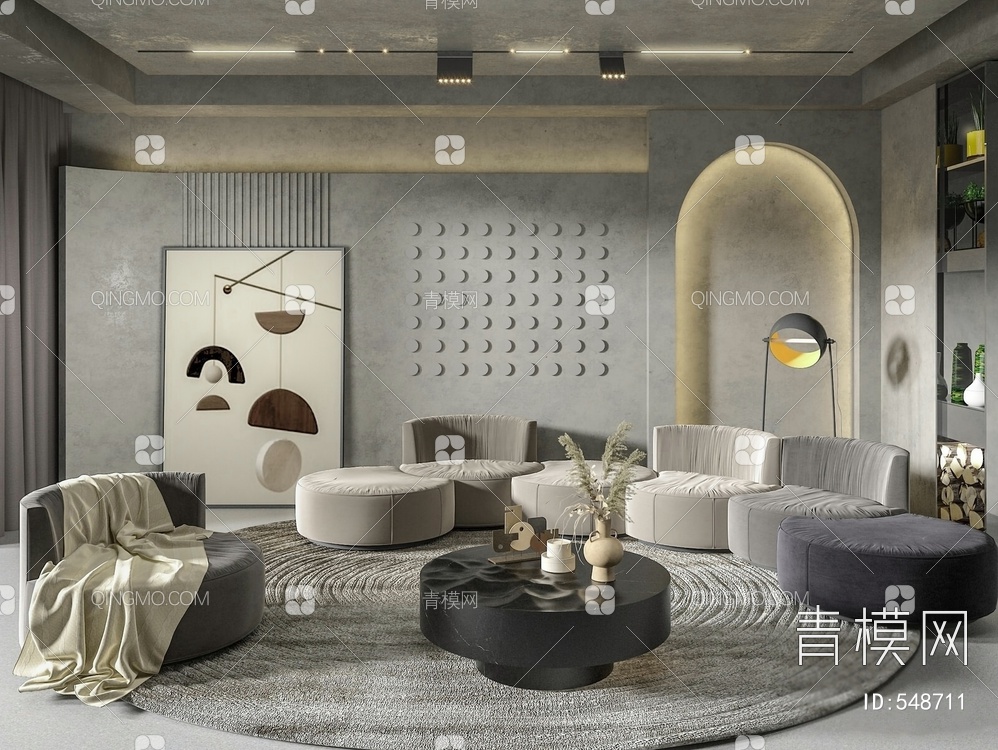 客厅 异形沙发茶几组合 单人沙发 落地灯 装饰画 摆件3D模型下载【ID:548711】