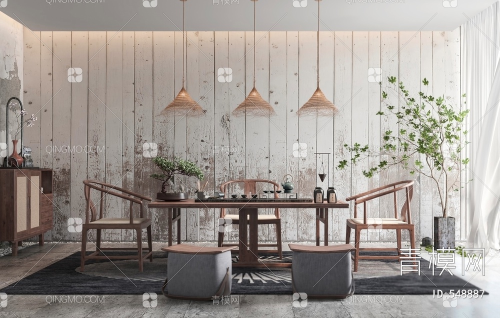 茶室 茶具组合 柜子 桌椅 植物组合 吊灯3D模型下载【ID:548887】
