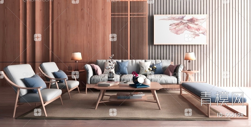 组合沙发 茶几 地毯 单人椅3D模型下载【ID:556198】