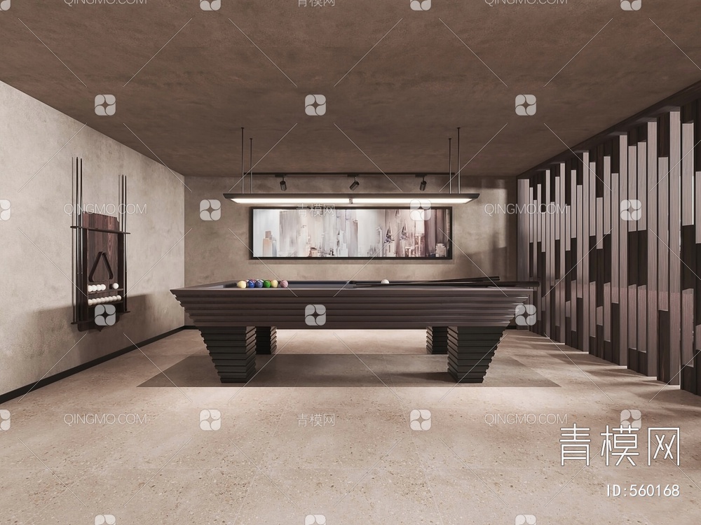 台球室 台球桌 吊灯 挂画 屏风3D模型下载【ID:560168】