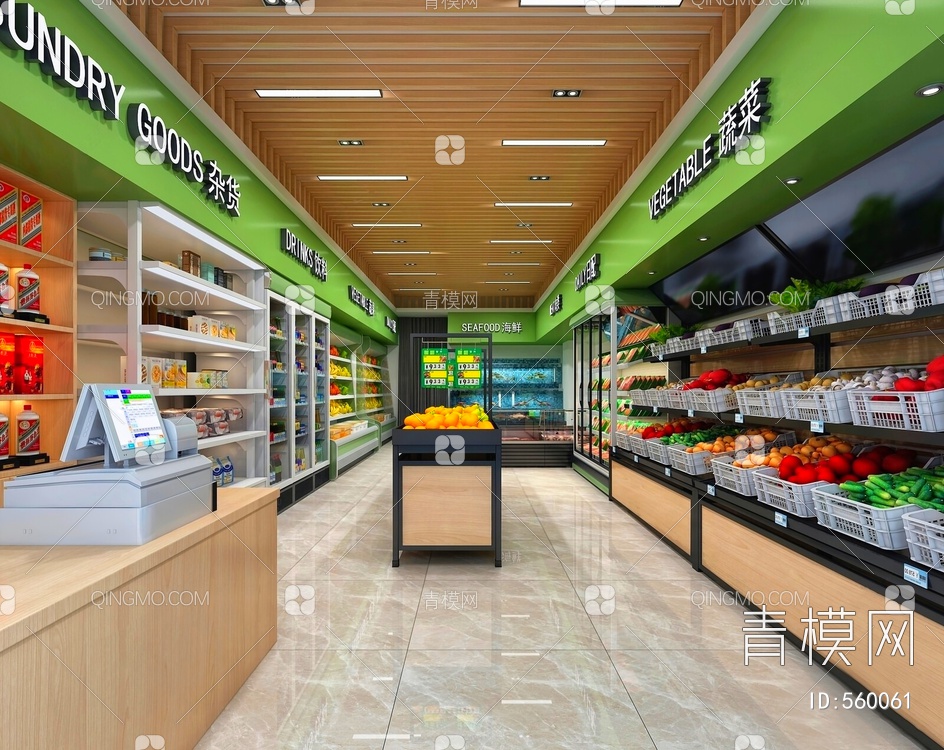 生鲜超市 蔬菜架 生鲜柜 杂货柜 海鲜池3D模型下载【ID:560061】