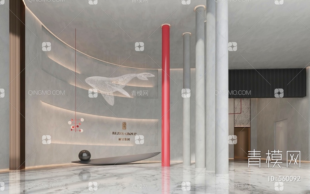 酒店大厅 鱼吊灯 雕塑 异形沙发 电梯厅3D模型下载【ID:560092】