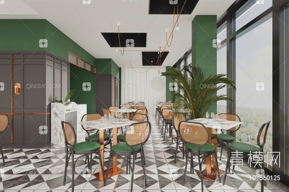 咖啡厅 吊灯 桌椅 装饰品 绿植3D模型下载【ID:560125】