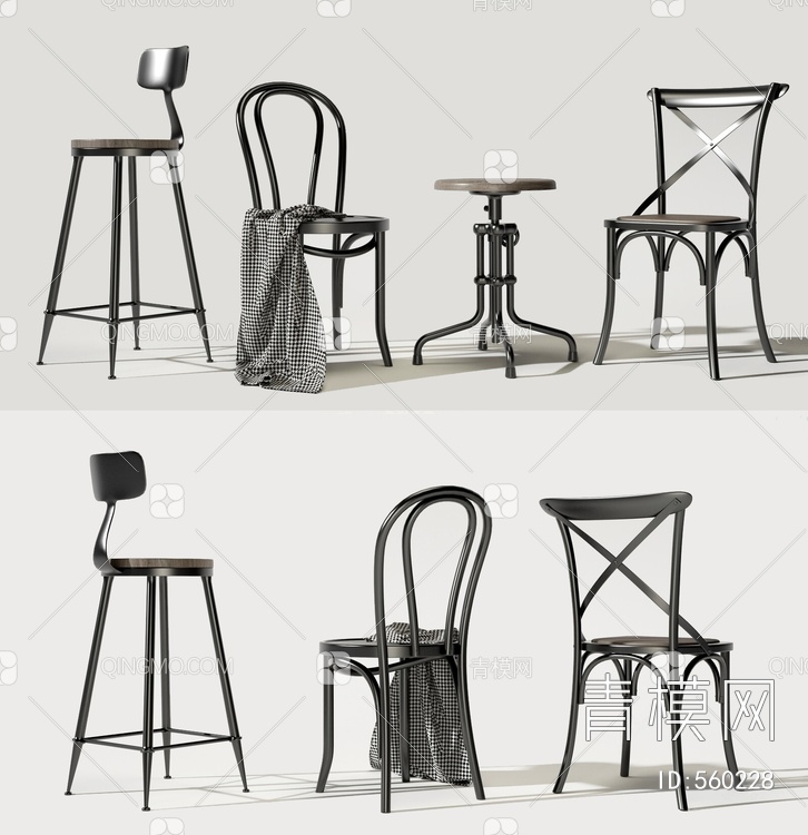 餐椅组合 餐椅组合 单椅组合 铁艺餐椅组合 吧台椅3D模型下载【ID:560228】