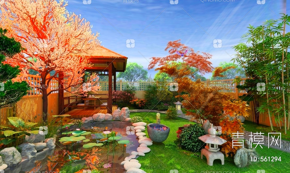 庭院 水池 樱花 茅屋 草地3D模型下载【ID:561294】