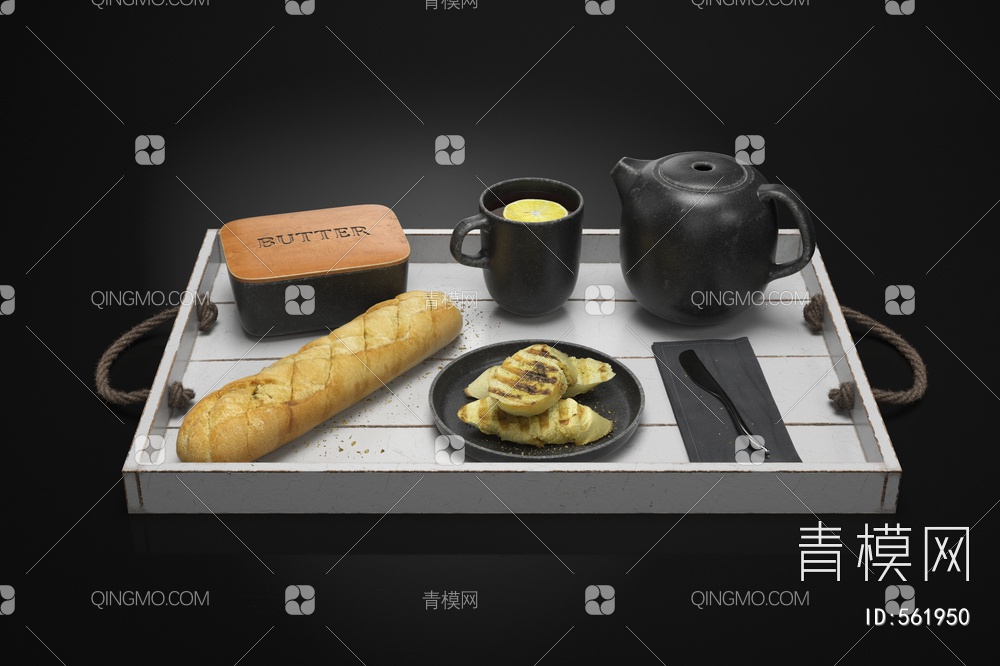 厨房用品 面包 茶壶 茶杯 托盘3D模型下载【ID:561950】