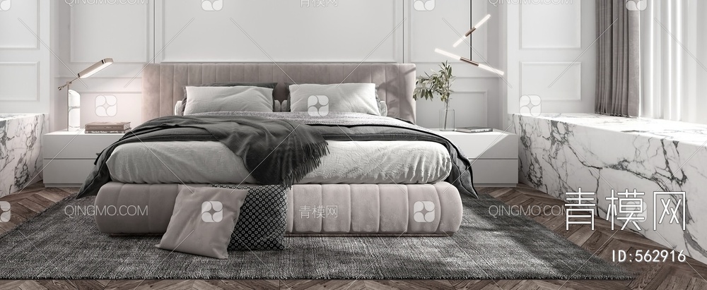 双人床 床具组合 布艺双人床 床头柜 床头吊灯3D模型下载【ID:562916】