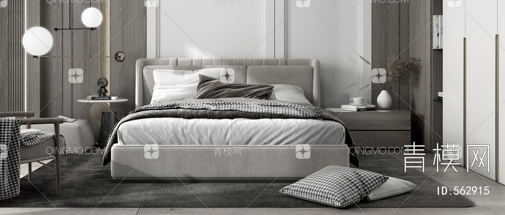 双人床 床具组合 布艺双人床 床头柜 床头吊灯3D模型下载【ID:562915】